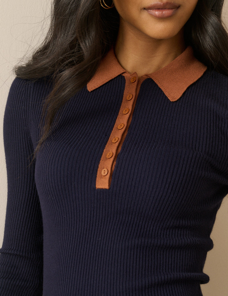 Navy Ribbed Collared Polo Top
