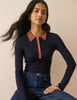 Navy Ribbed Collared Polo Top