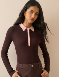 Brown Contrast Collar Rib Polo Top