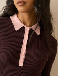 Brown Contrast Collar Rib Polo Top
