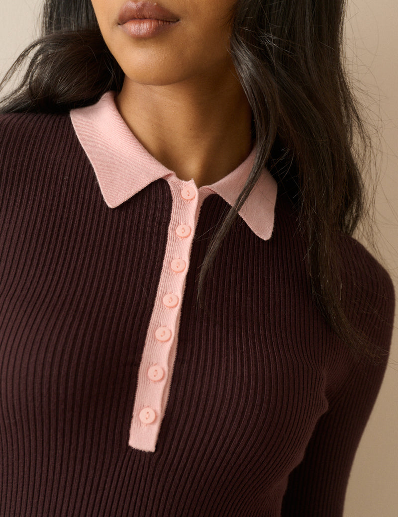 Brown Contrast Collar Rib Polo Top
