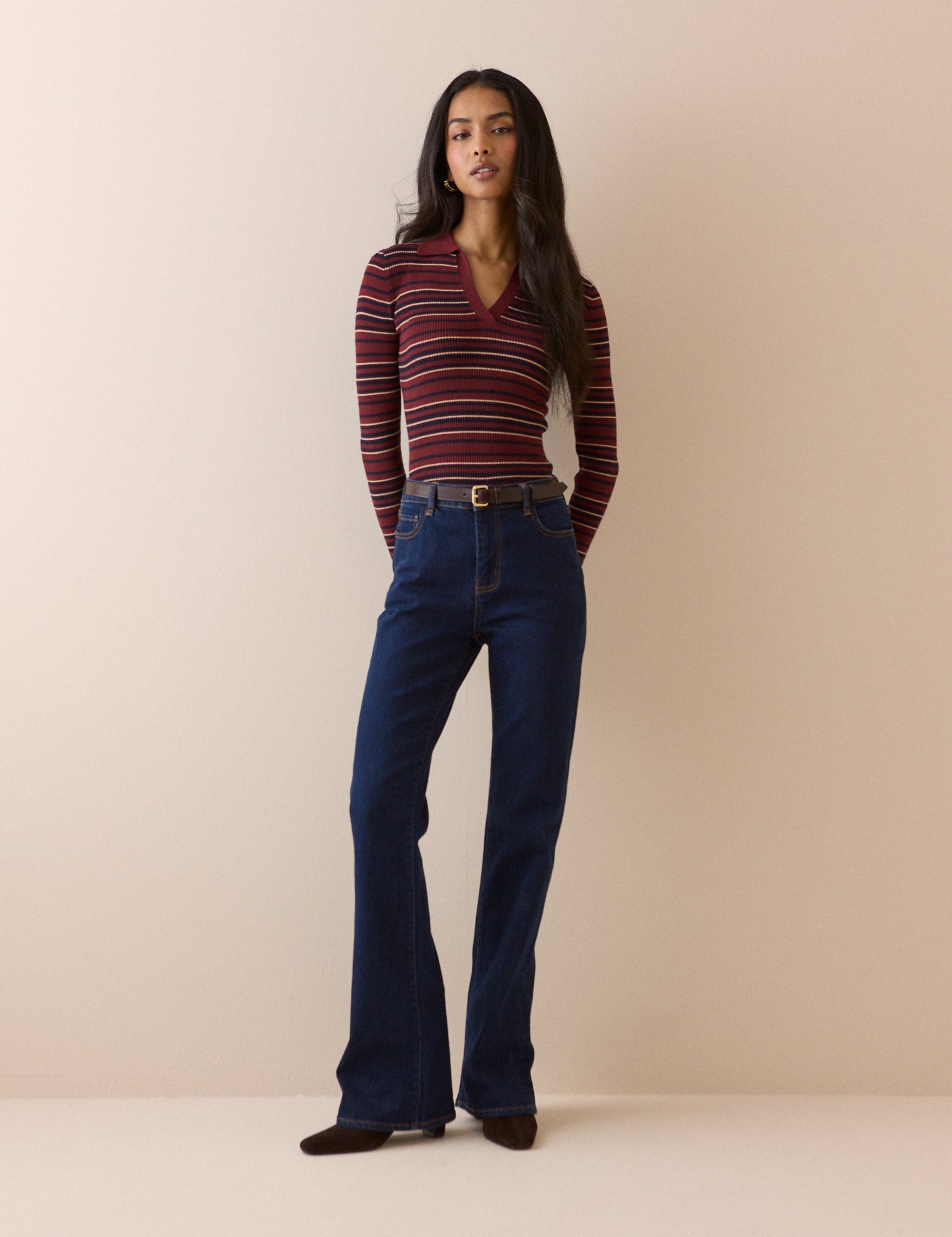 Red Striped Ribbed Collared Top