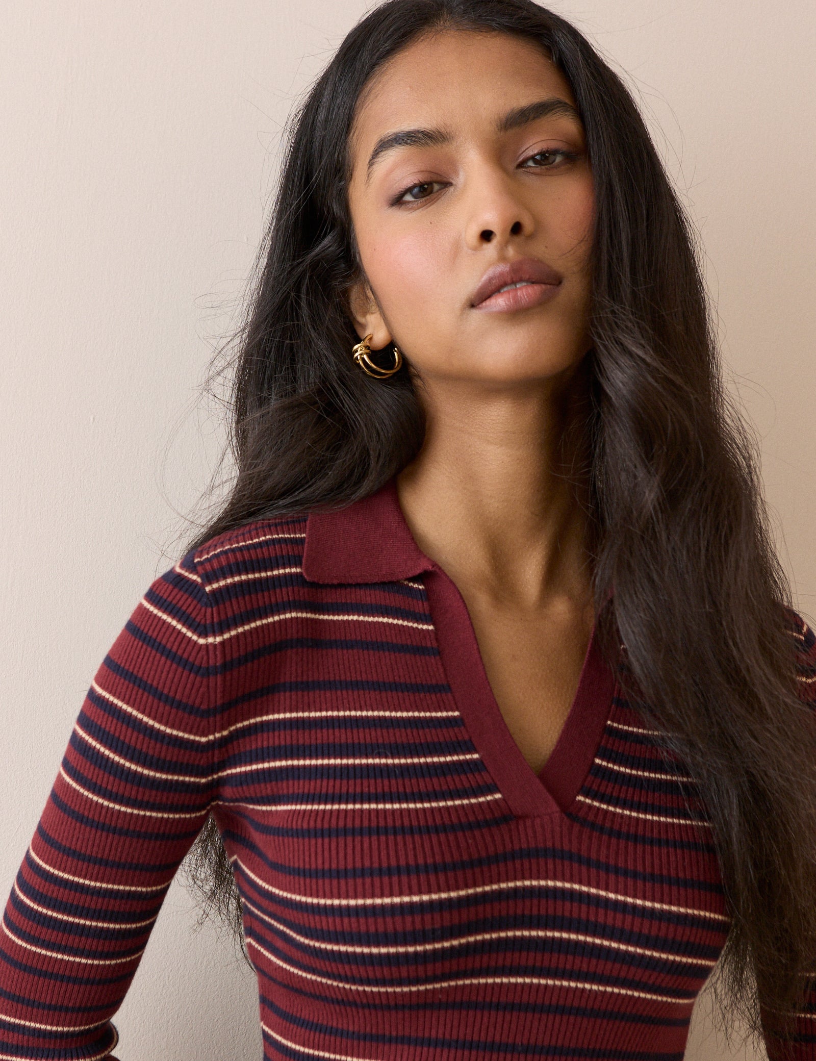 Red Striped Ribbed Collared Top