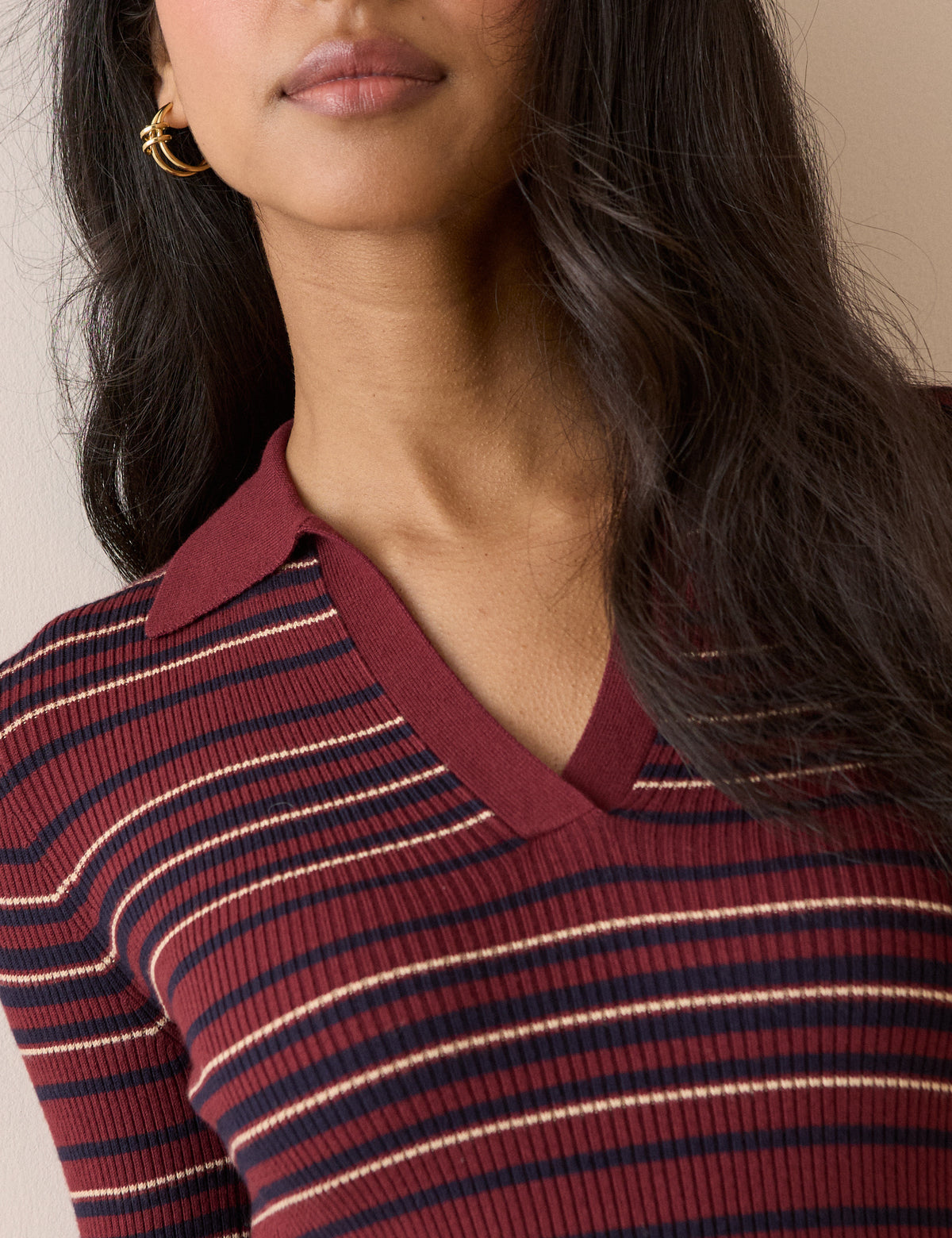 Red Striped Ribbed Collared Top