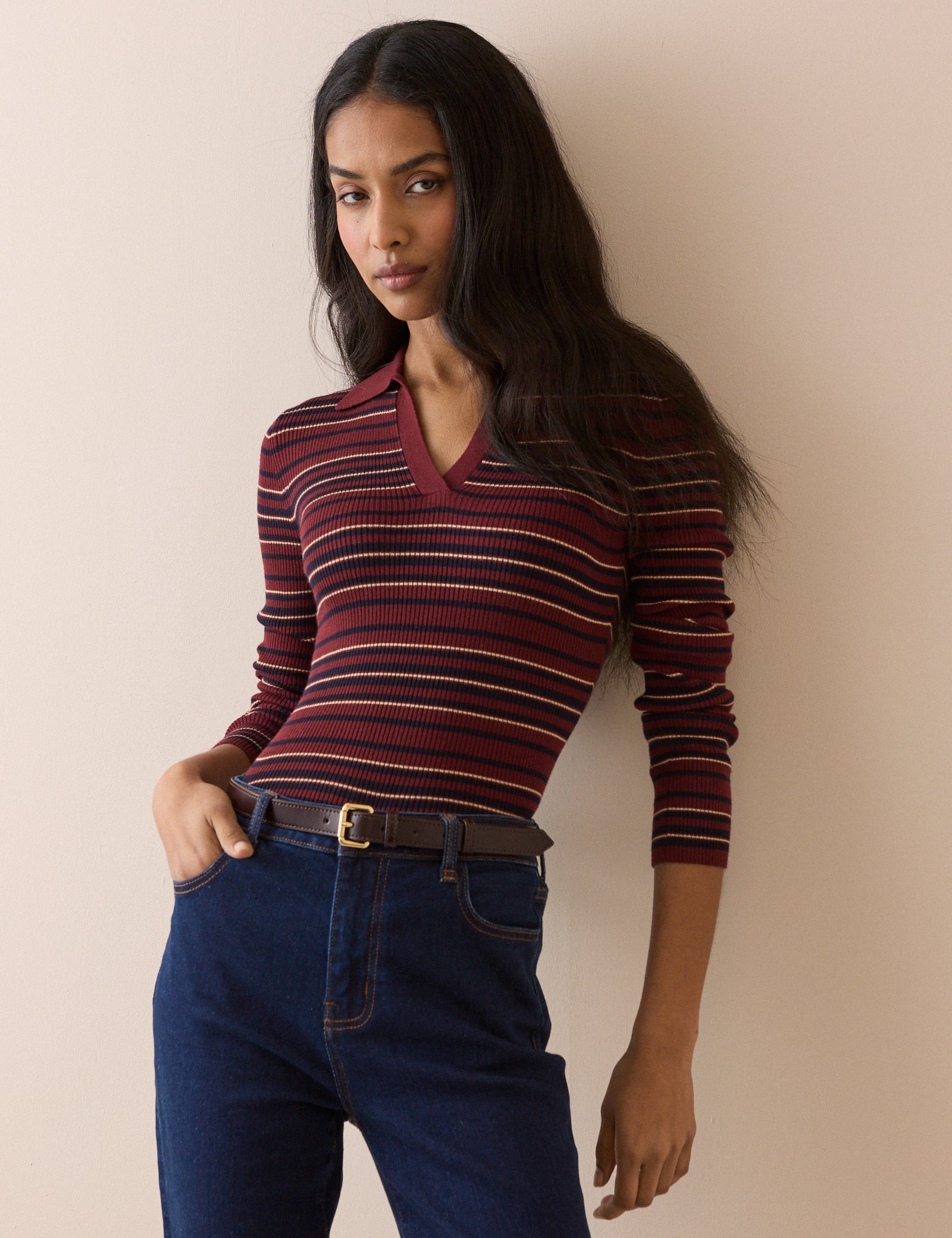 Red Striped Ribbed Collared Top