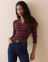 Red Striped Ribbed Collared Top