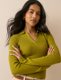 Green Ribbed Collared Top