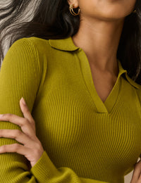 Green Ribbed Collared Top