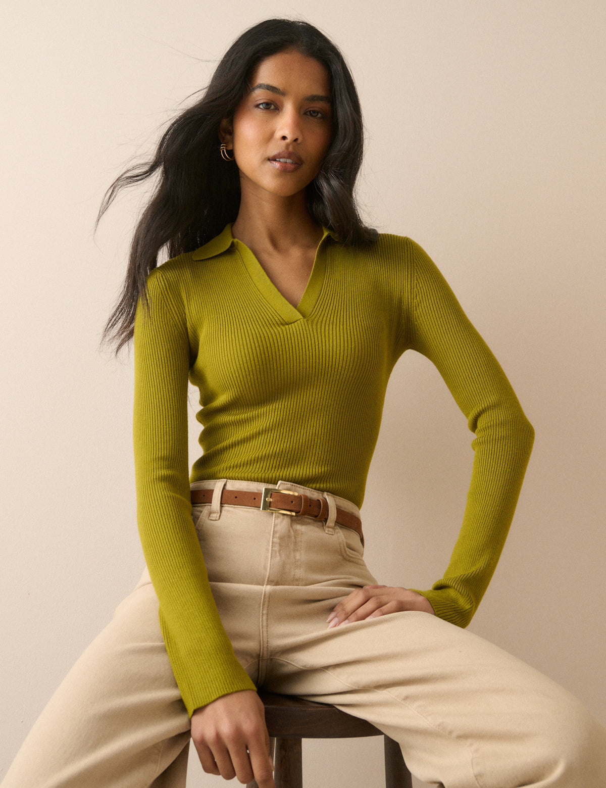 Green Ribbed Collared Top