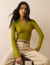 Green Ribbed Collared Top