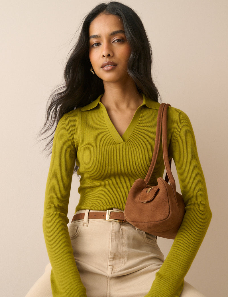 Green Ribbed Collared Top