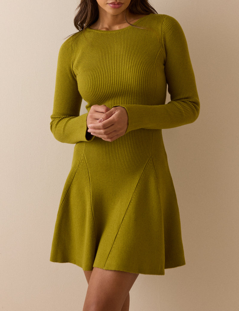 Green Ribbed Knitted Mini Dress