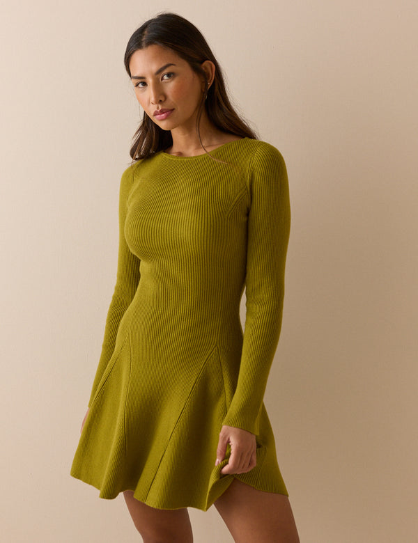 Green Ribbed Knitted Mini Dress