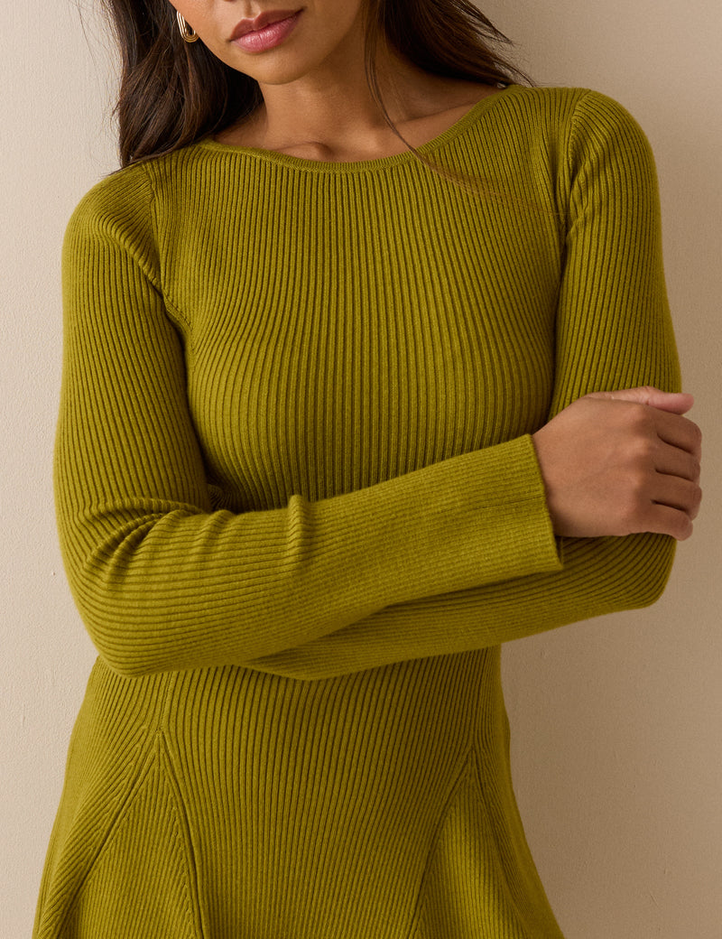 Green Ribbed Knitted Mini Dress