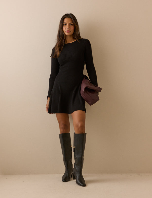 Black Ribbed Knitted Mini Dress