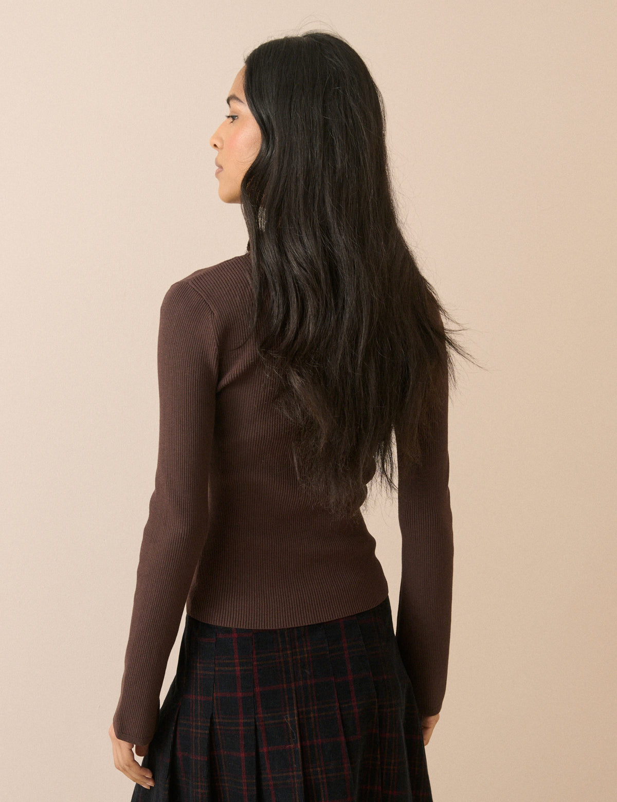 Brown Ribbed High Neck Knitted Top