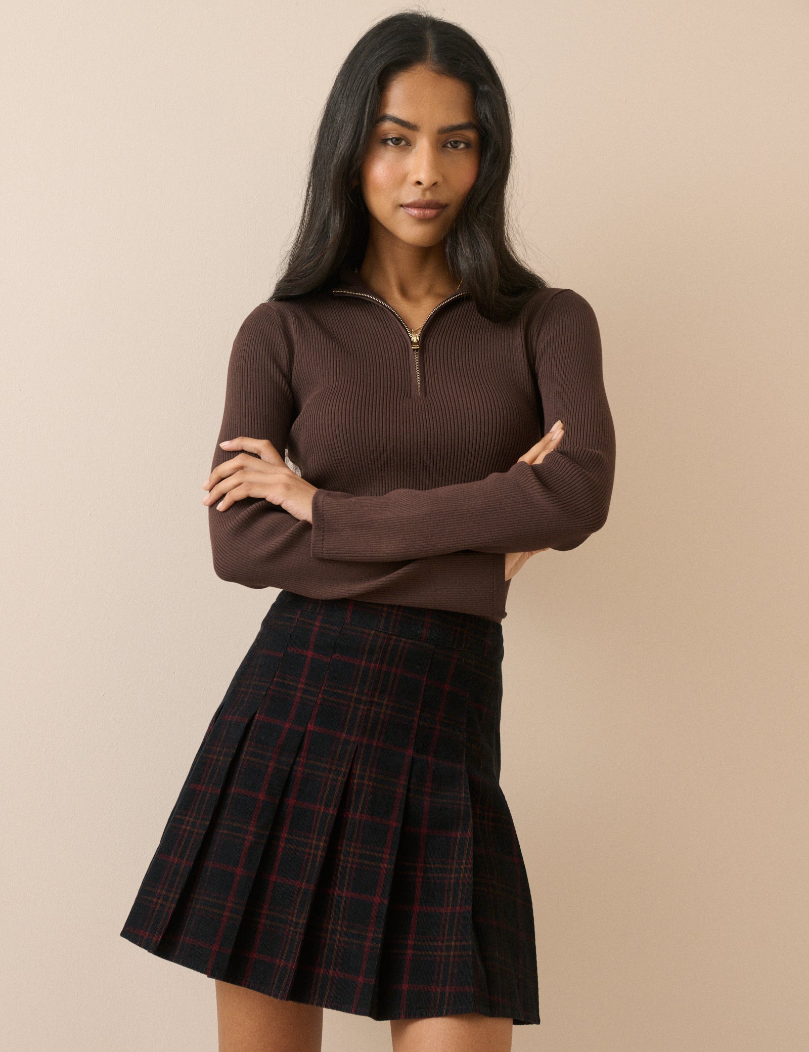 Brown Ribbed High Neck Knitted Top