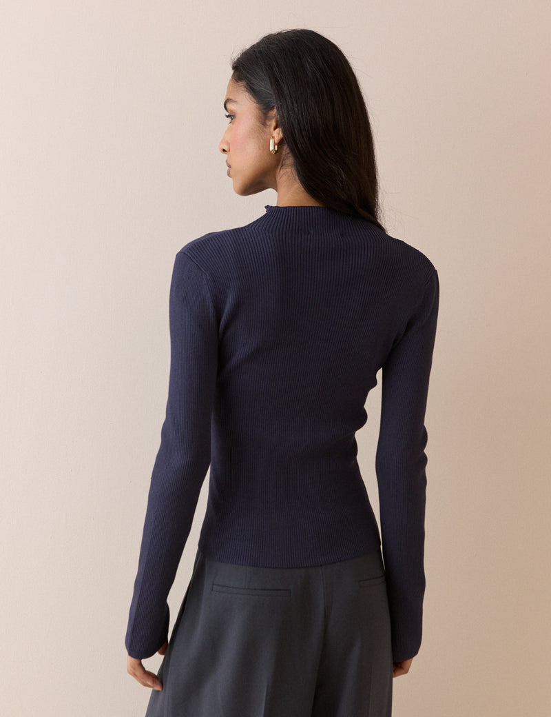 Navy Ribbed High Neck Knitted Top