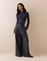 Navy Ribbed High Neck Knitted Top