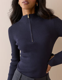 Navy Ribbed High Neck Knitted Top