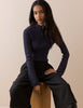 Navy Ribbed High Neck Knitted Top