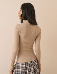Camel Wool-Blend Turtle Neck Long Sleeve Top