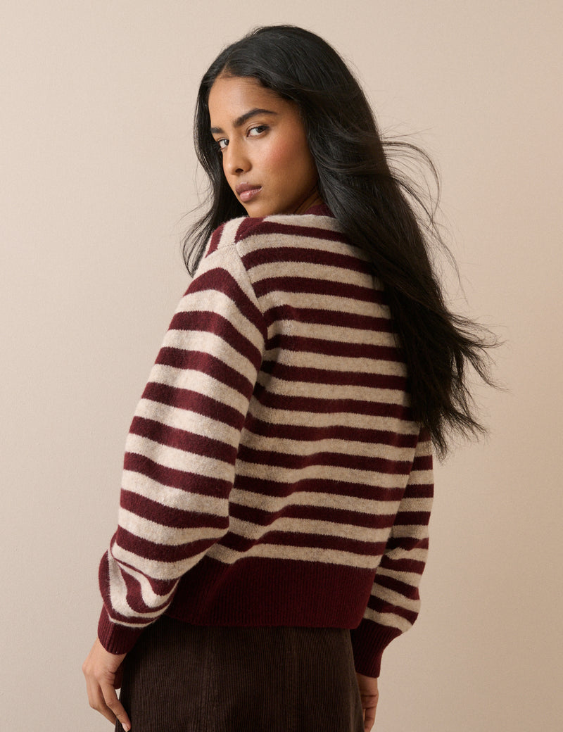Burgundy and Cream Striped Tie Neck Cardigan