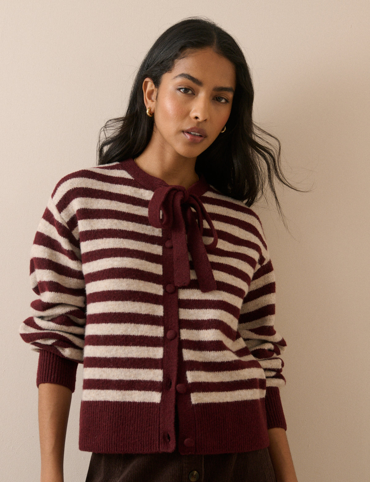 Burgundy and Cream Striped Tie Neck Cardigan