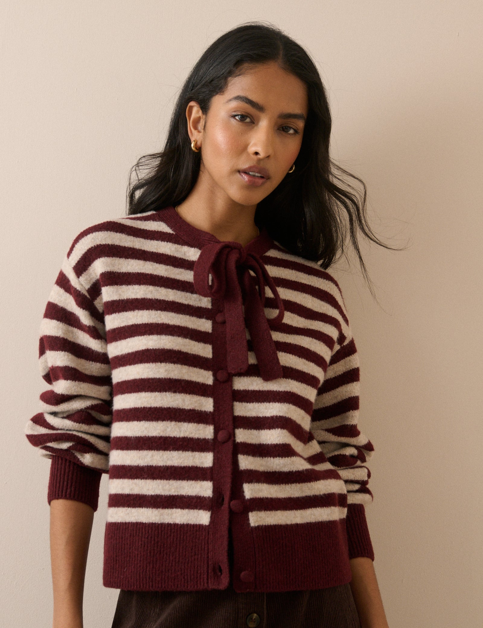 Burgundy and Cream Striped Tie Neck Cardigan