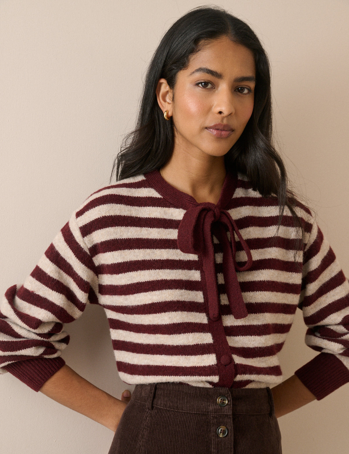 Burgundy and Cream Striped Tie Neck Cardigan
