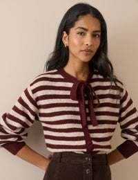 Burgundy and Cream Striped Tie Neck Cardigan