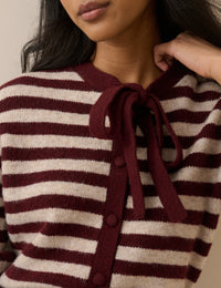 Burgundy and Cream Striped Tie Neck Cardigan
