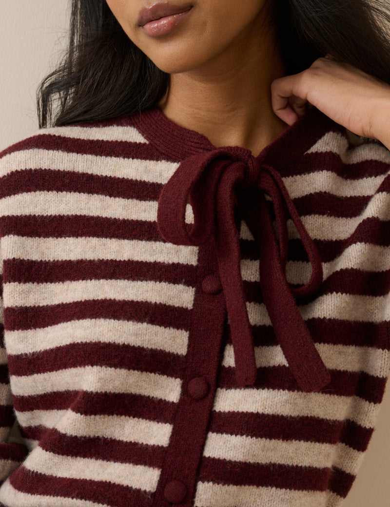 Burgundy and Cream Striped Tie Neck Cardigan