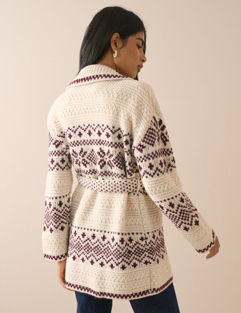 Burgundy Fair Isle Print Wrap Cardigan