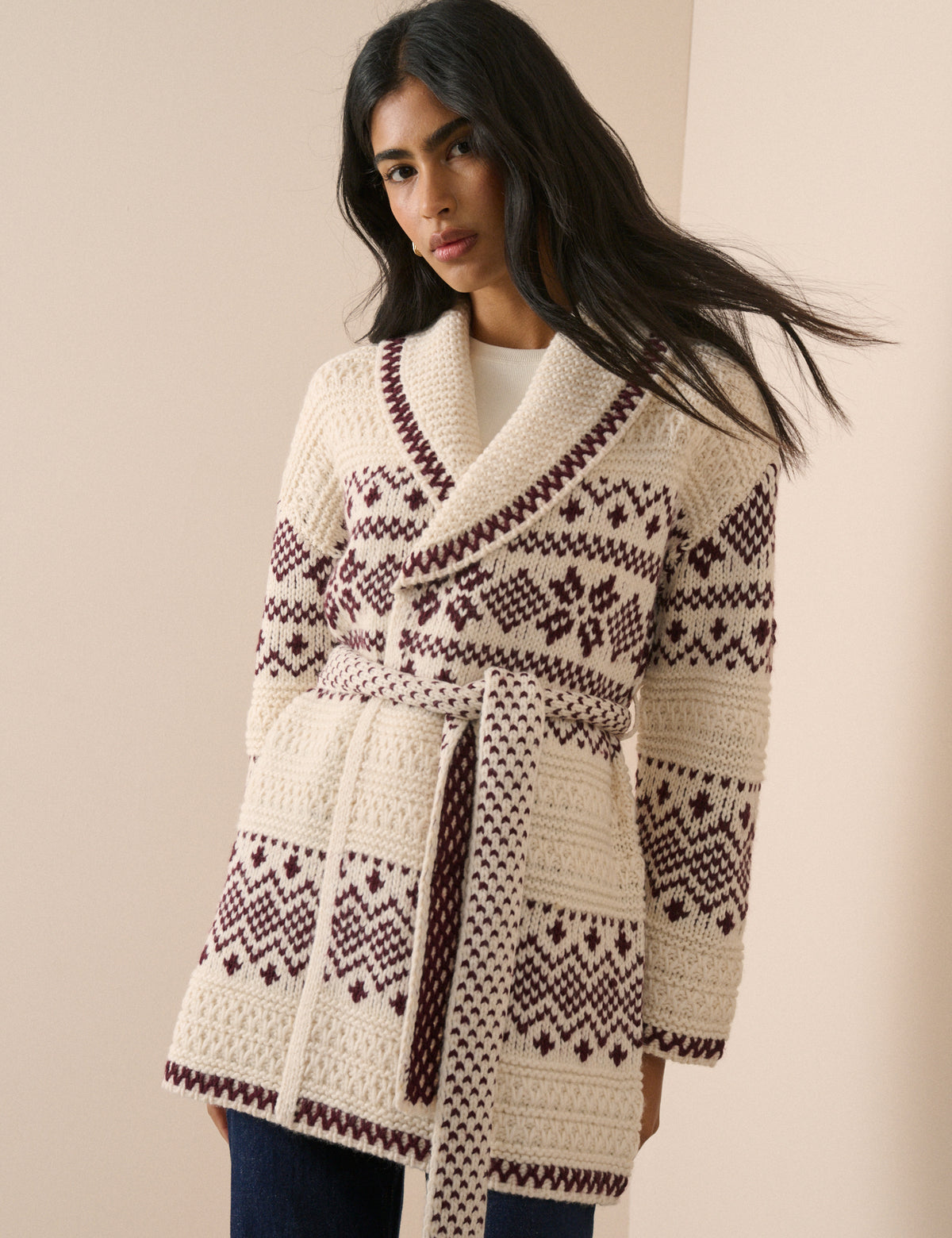 Burgundy Fair Isle Print Wrap Cardigan