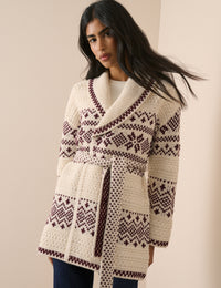Burgundy Fair Isle Print Wrap Cardigan