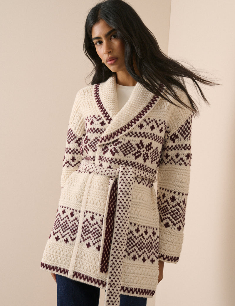 Burgundy Fair Isle Print Wrap Cardigan