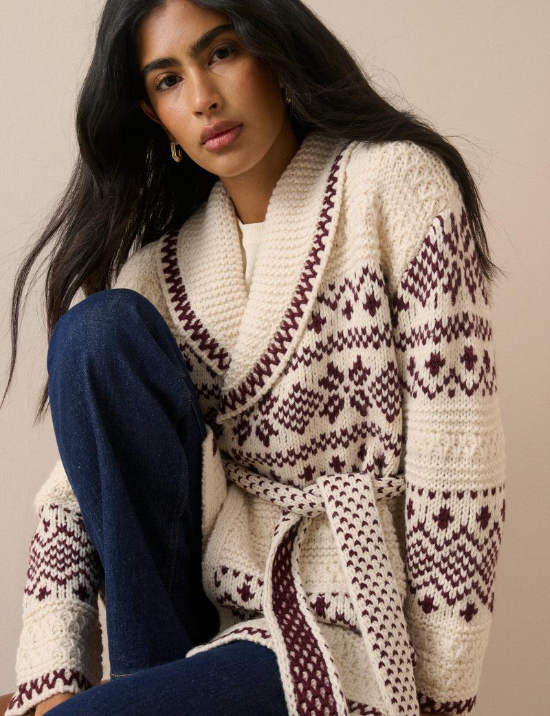 Burgundy Fair Isle Print Wrap Cardigan