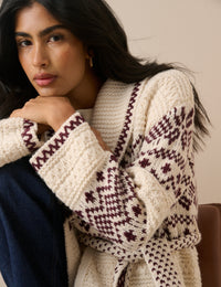 Burgundy Fair Isle Print Wrap Cardigan