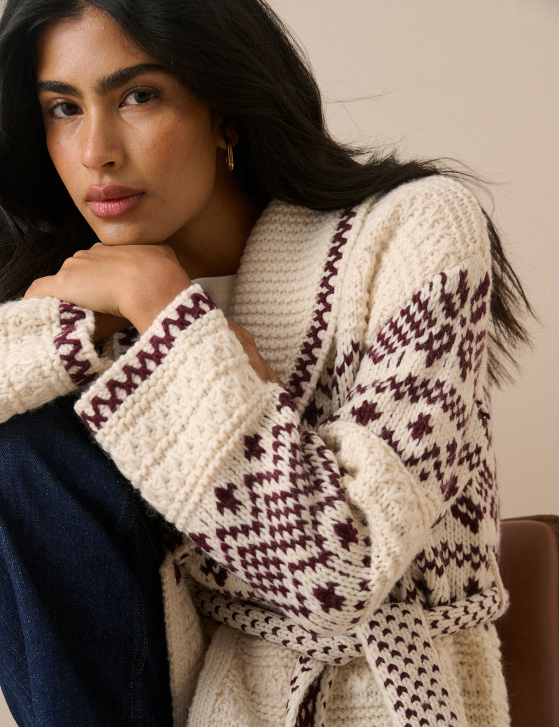 Burgundy Fair Isle Print Wrap Cardigan