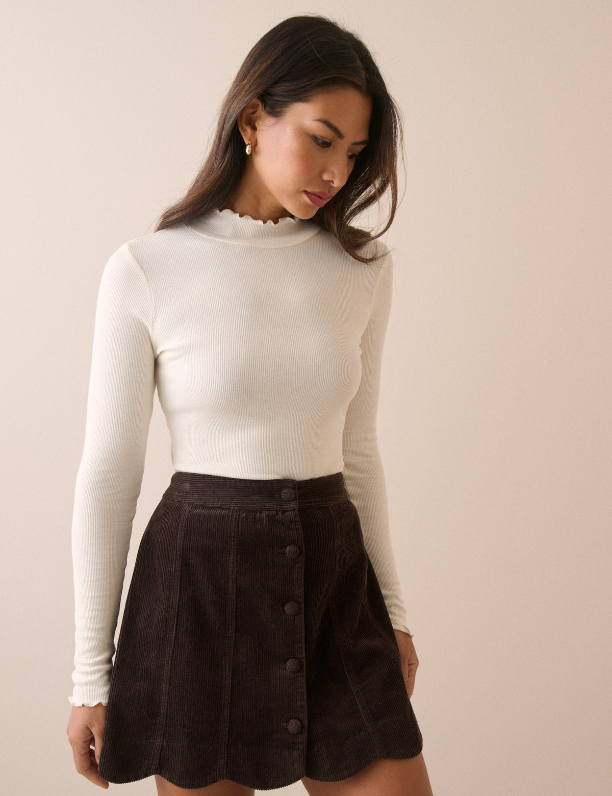 Cream High Neck Rib Long Sleeve Top