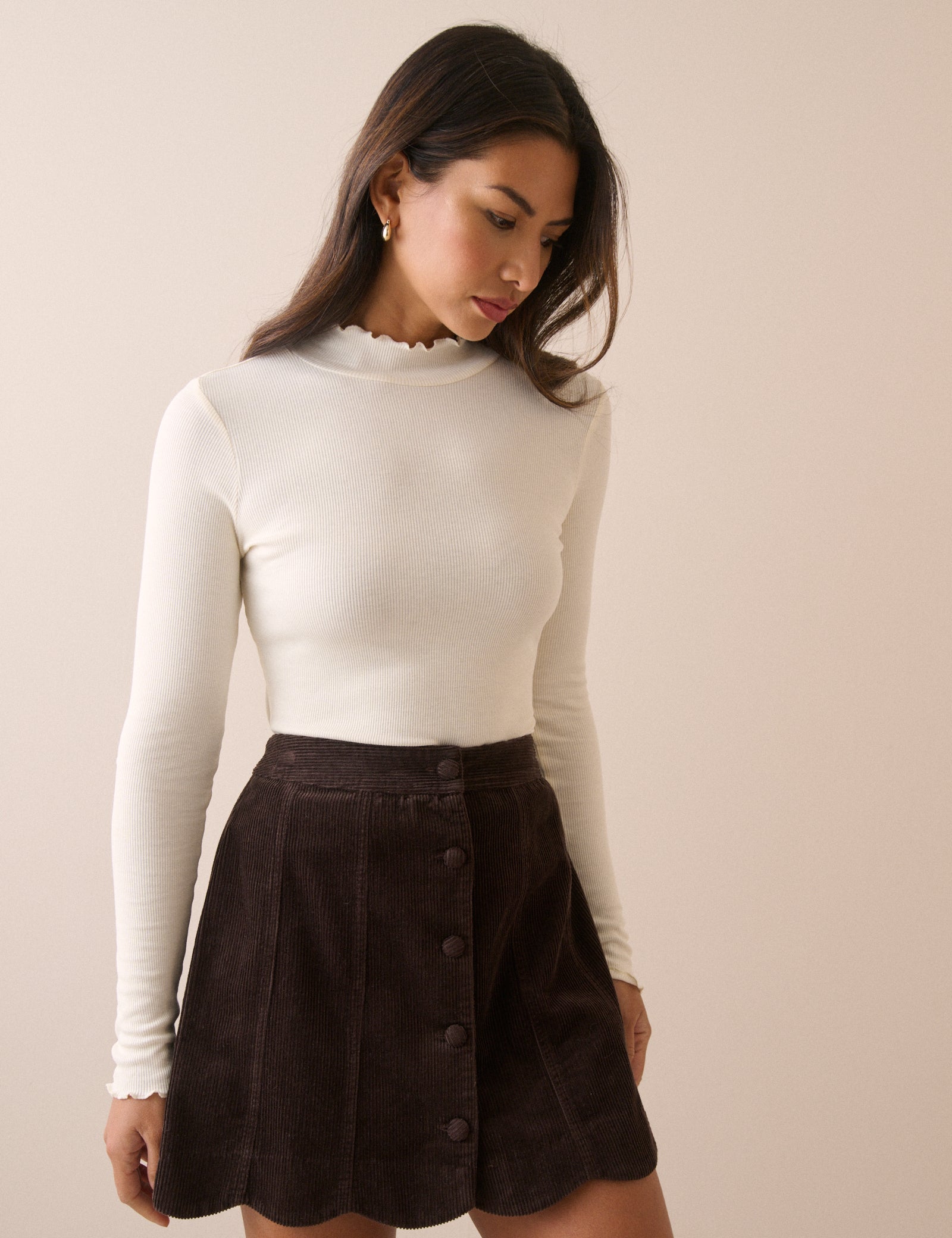 Cream High Neck Rib Long Sleeve Top