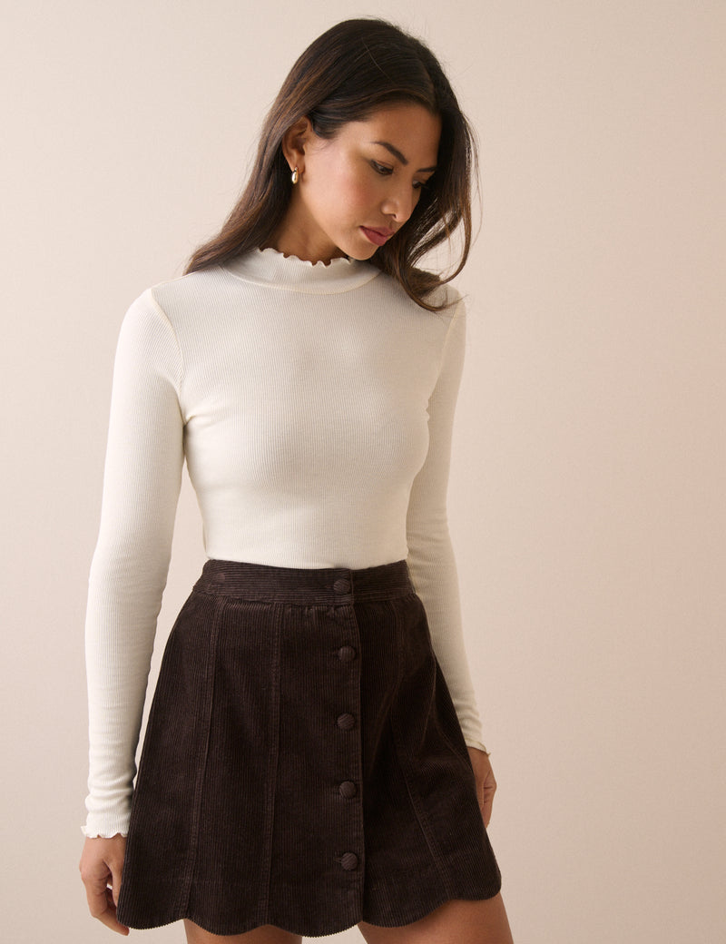 Cream High Neck Rib Long Sleeve Top