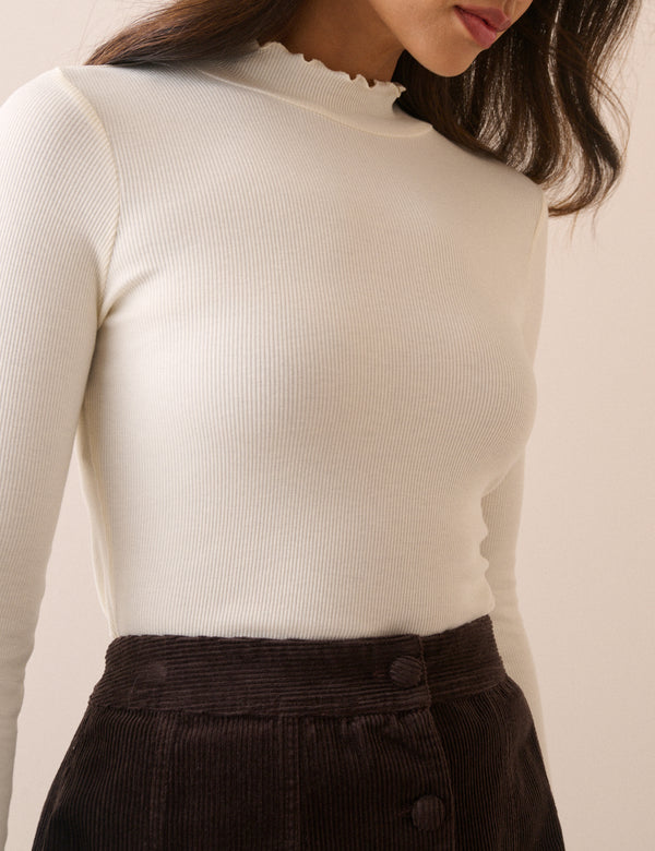 Cream High Neck Rib Long Sleeve Top