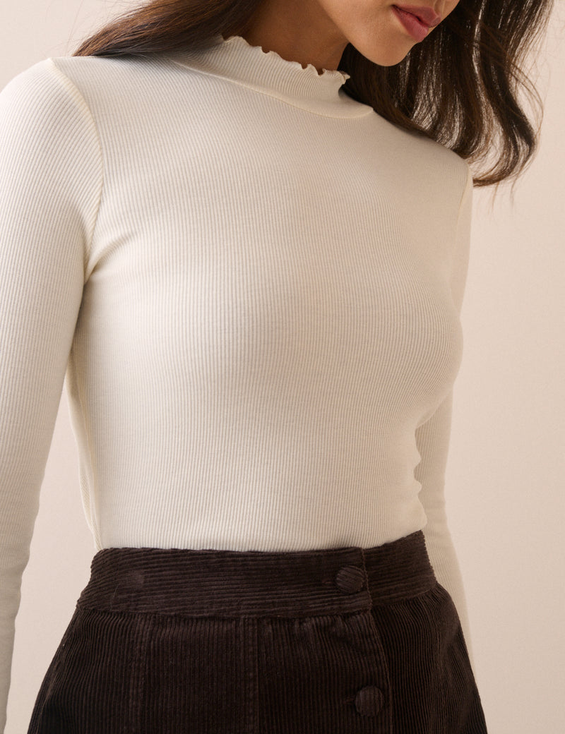 Cream High Neck Rib Long Sleeve Top