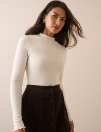 Cream High Neck Rib Long Sleeve Top