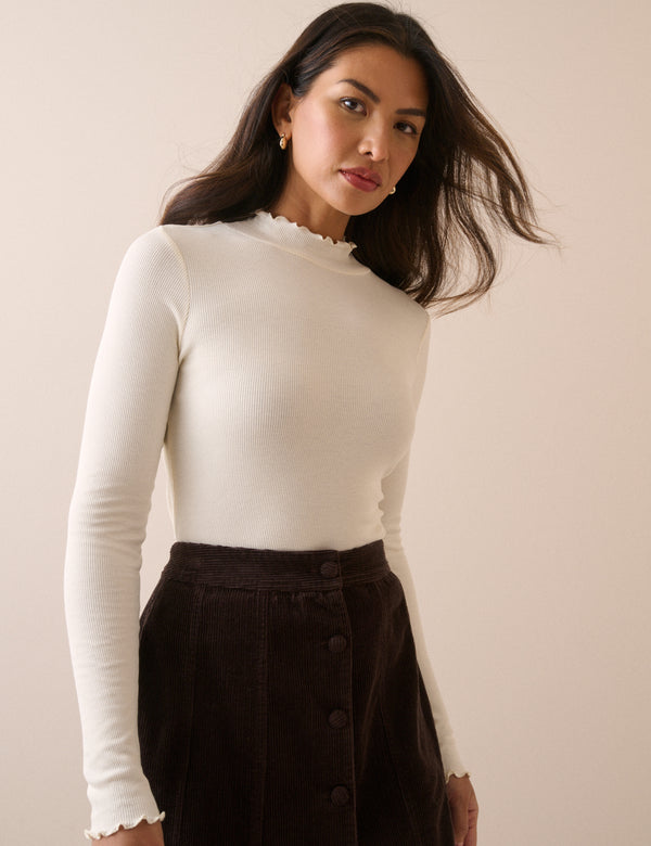 Cream High Neck Rib Long Sleeve Top