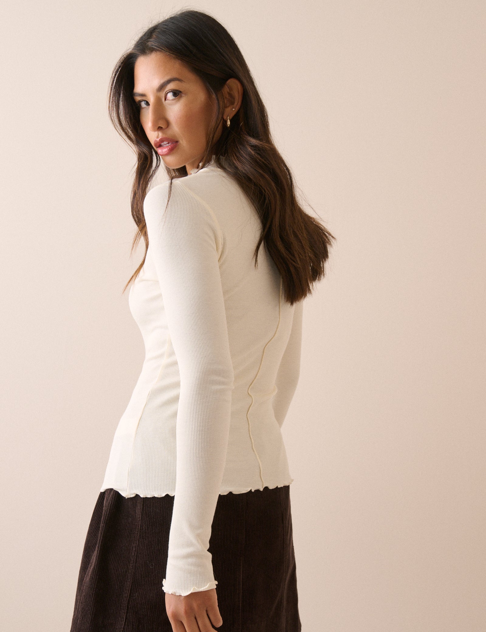 Cream High Neck Rib Long Sleeve Top
