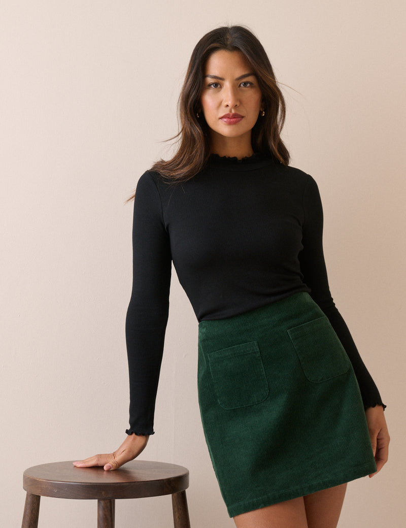 Black High Neck Frill Long Sleeve Top