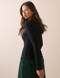 Black High Neck Frill Long Sleeve Top